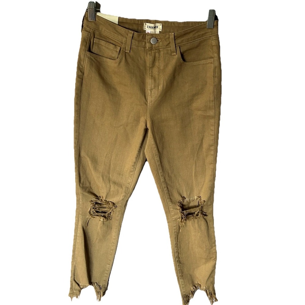 L'AGENCE Distressed Tan High Line Skinny Size 26 NWT Raw Hem‎ Cropped